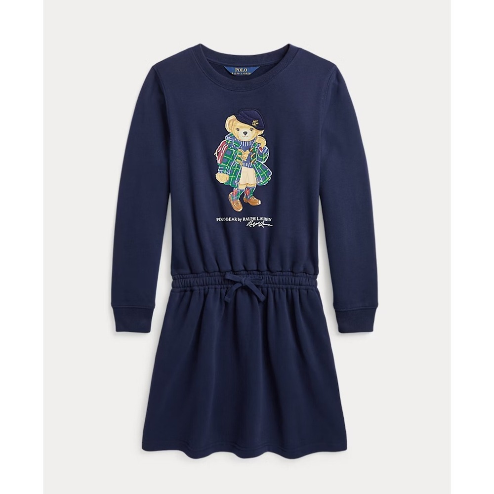 POLO RALPH LAUREN Girls Navy Polo Bear Fleece Drawstring Dress Size L (12-14)